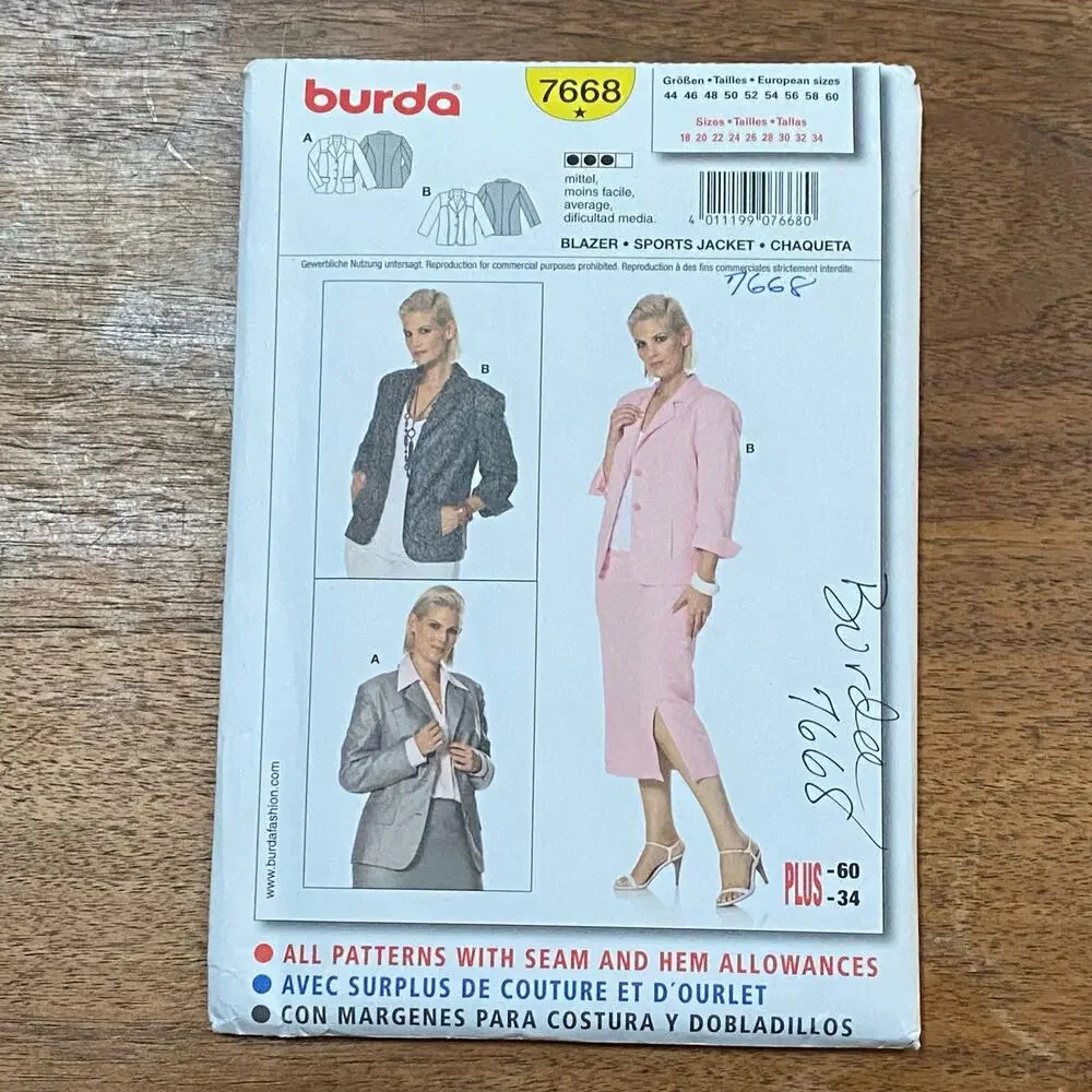 Burda sewing pattern #7668 blazer sports jacket UNCUT plus size US 18-34